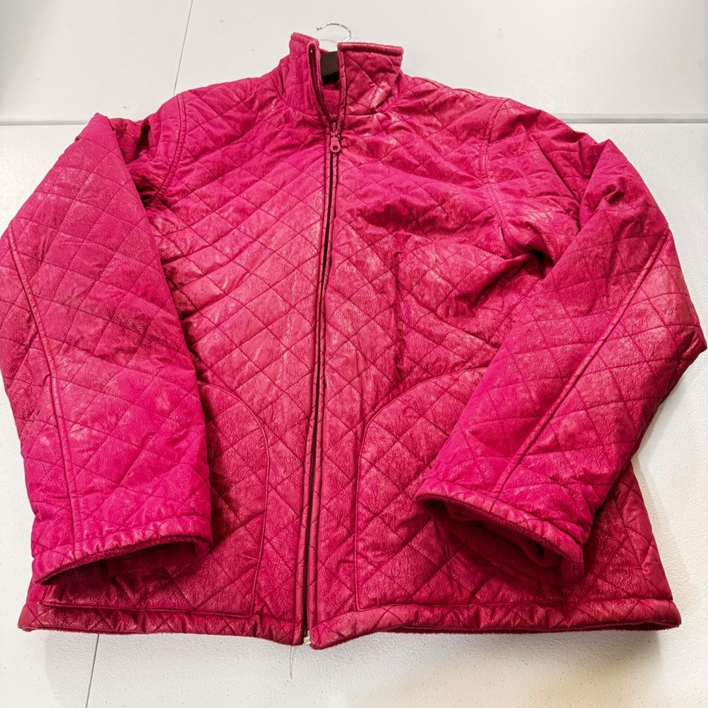 KC Collections Quilted‎ Pink Fleece Lined Jacket Women's M  Full Zip Argyle flaw